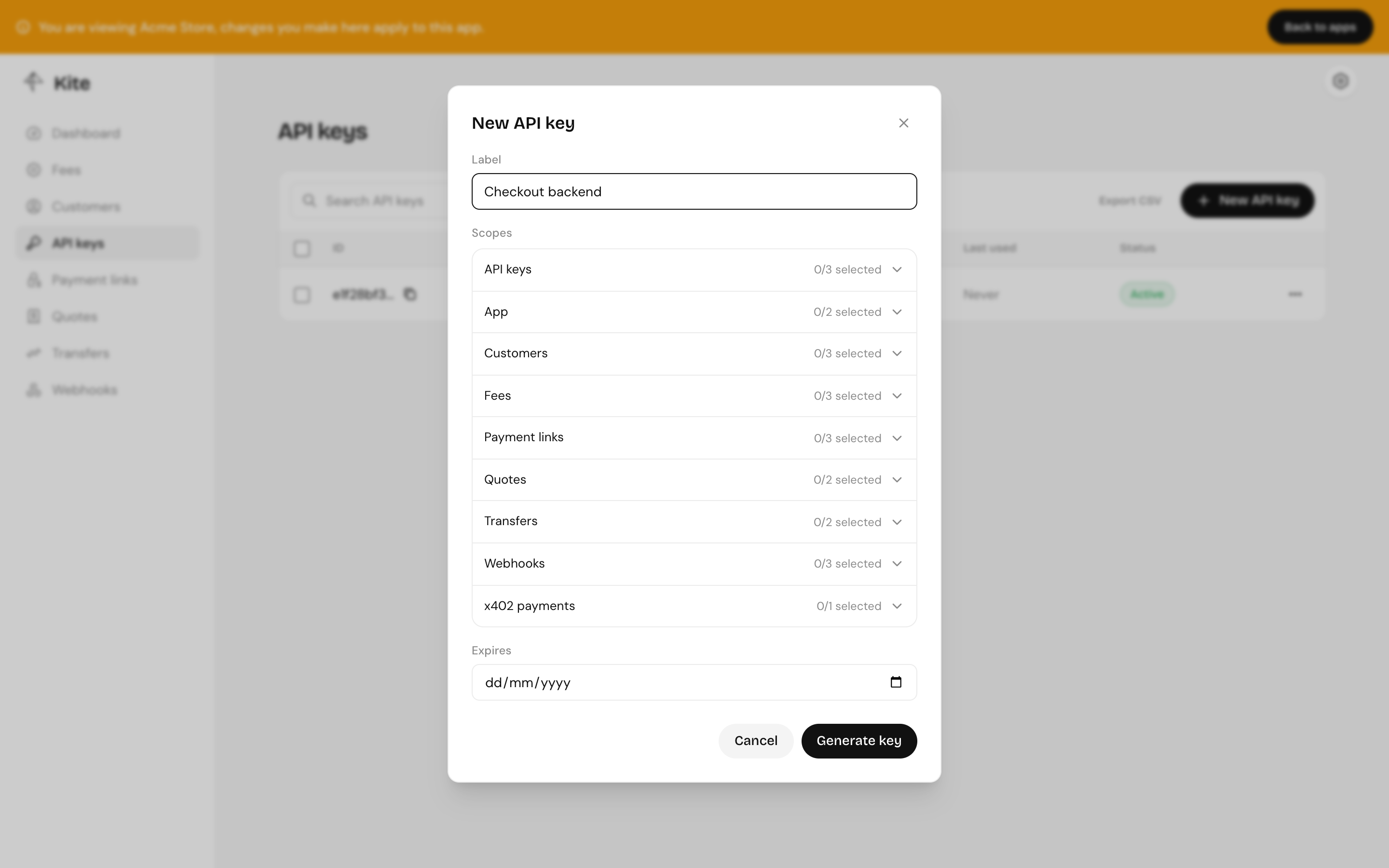 Creating an API key with a label and scopes for payment links and transfers