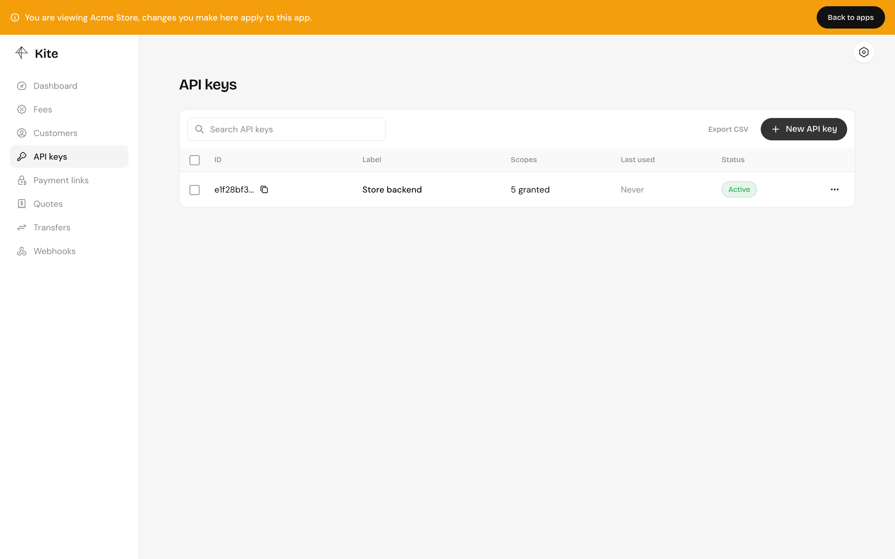The API keys page, with each key's scopes, last use and status