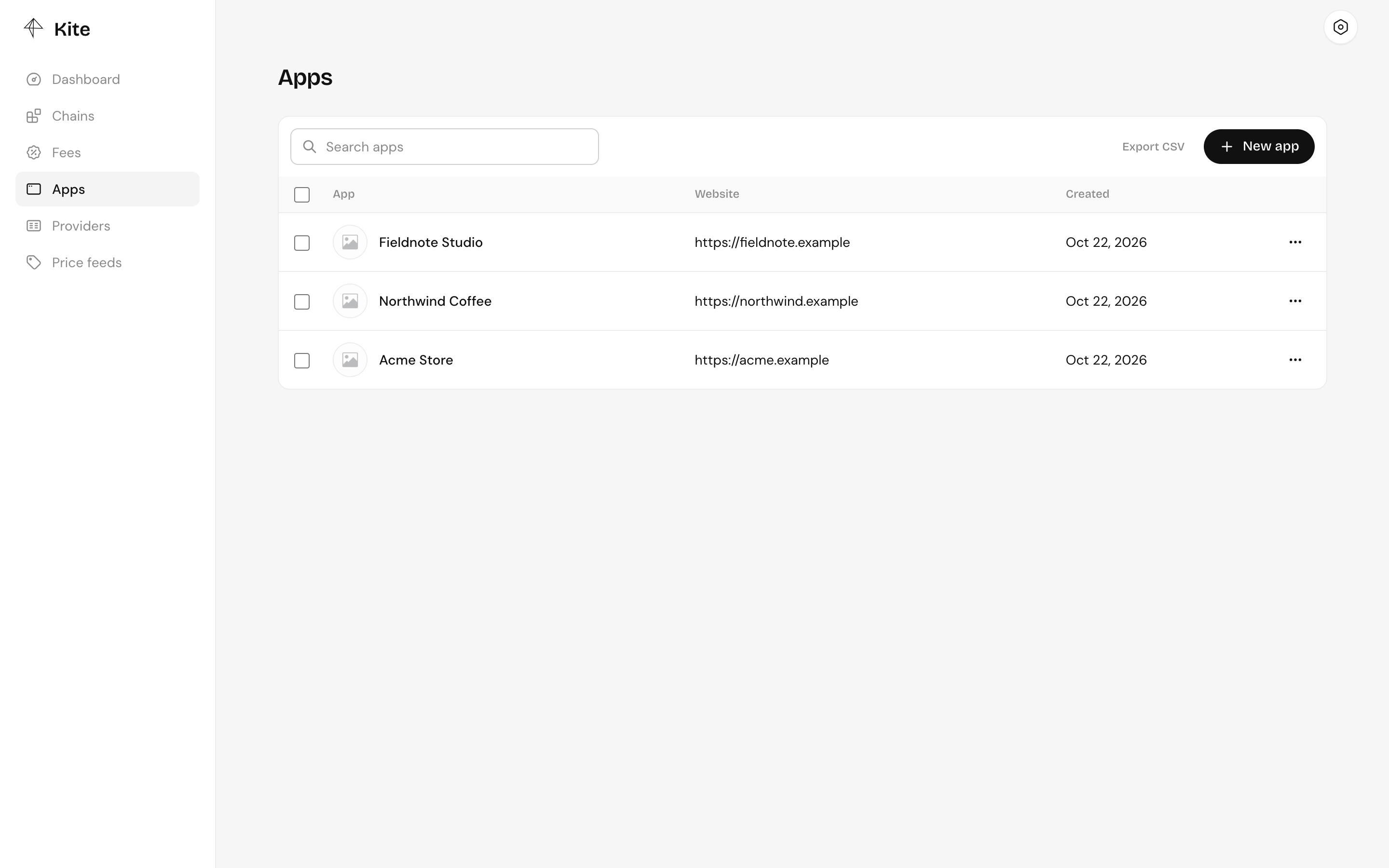 The Apps page listing Acme Store and Northwind Coffee