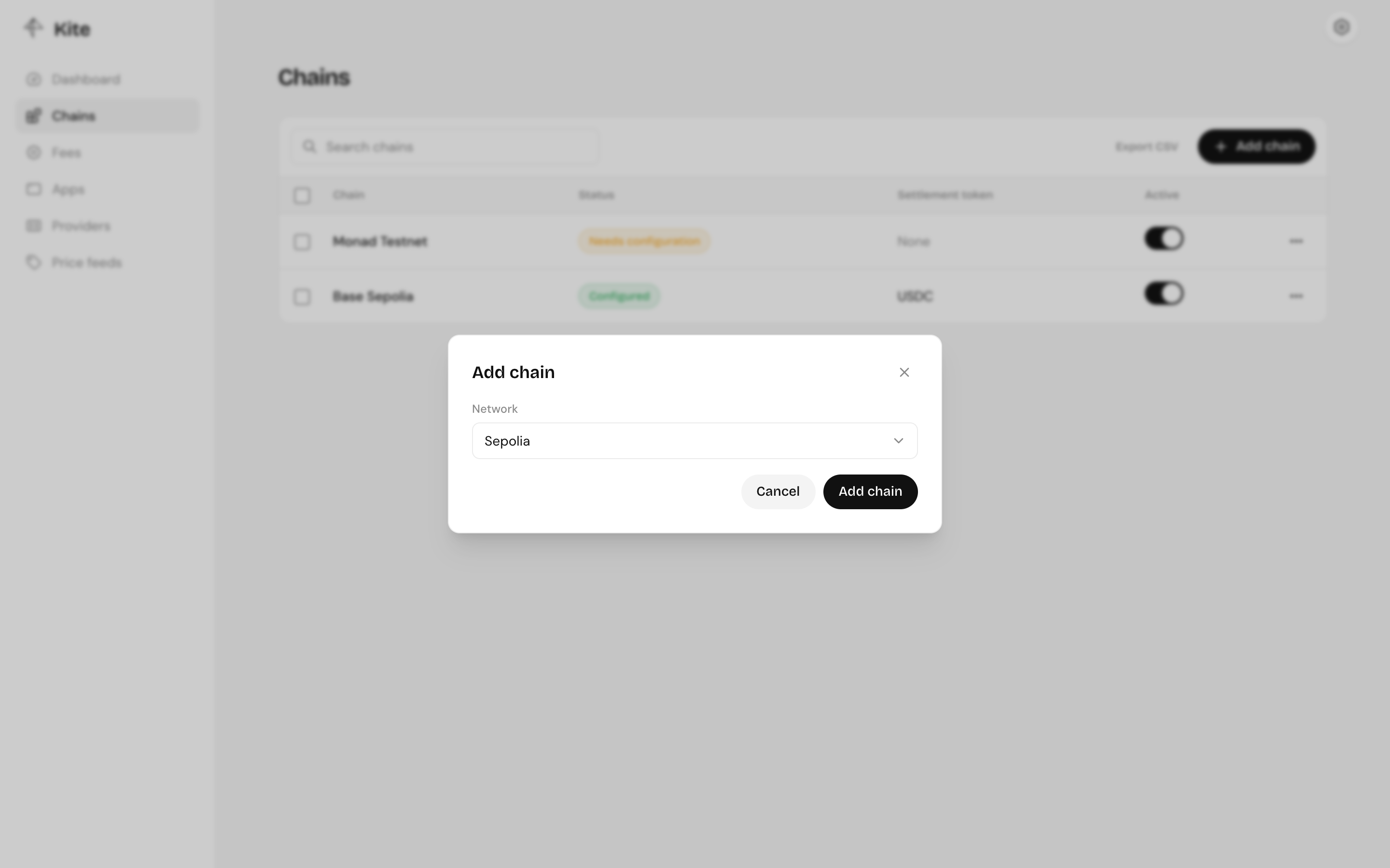 The Add chain dialog with a network picker