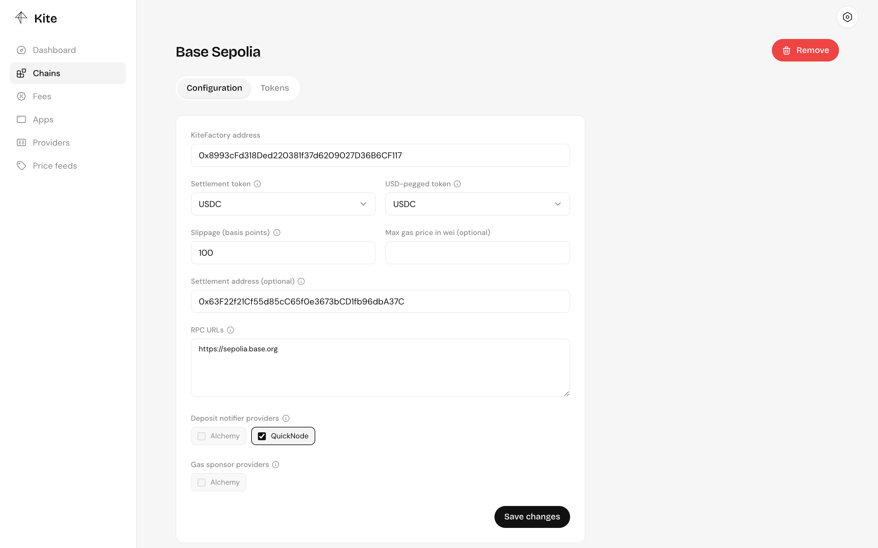 A configured chain: factory address, settlement and USD-pegged tokens, slippage, settlement address, RPC URLs and providers