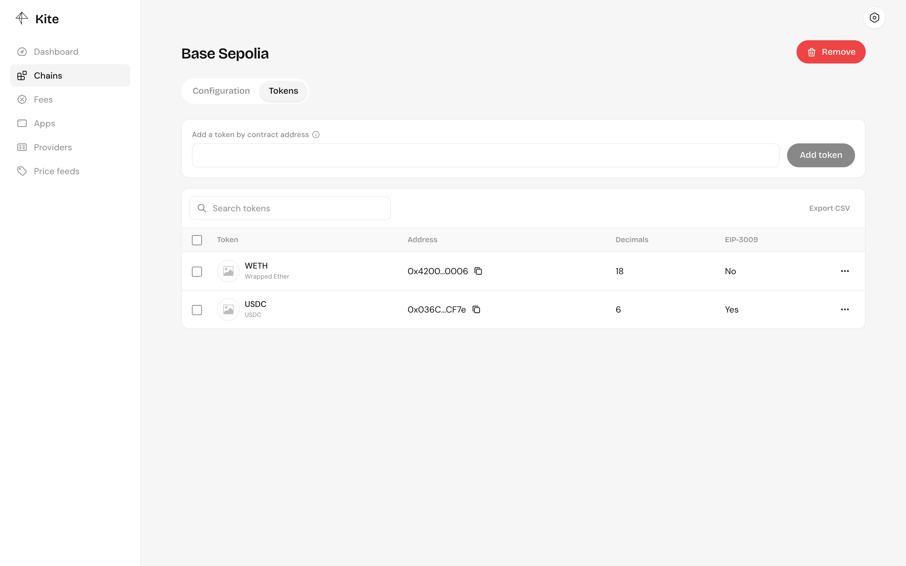 The Tokens tab of Base Sepolia, listing USDC and WETH