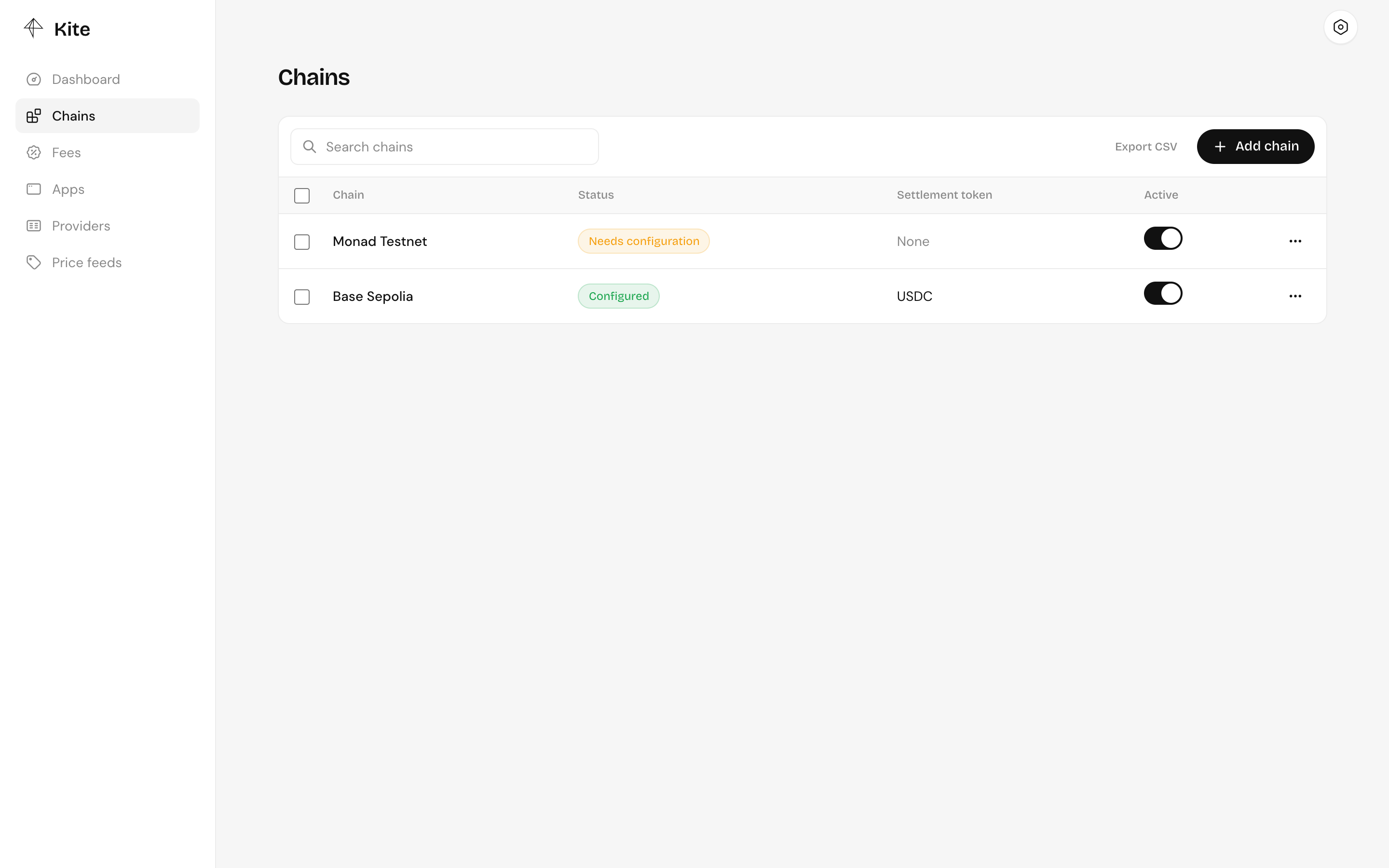 The Chains list, with Base Sepolia configured and Sepolia still needing configuration