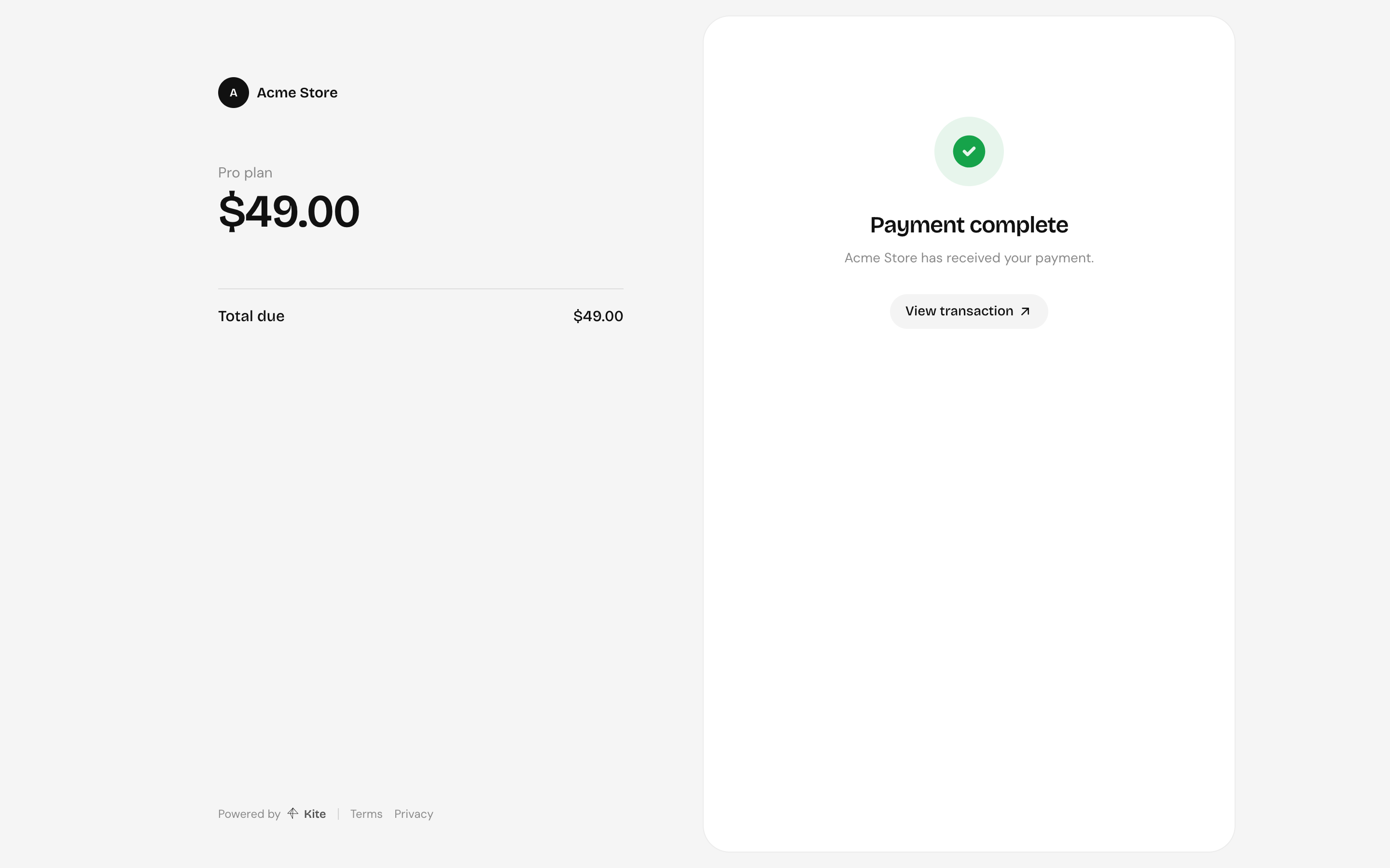 Payment complete, with a link to the settlement transaction
