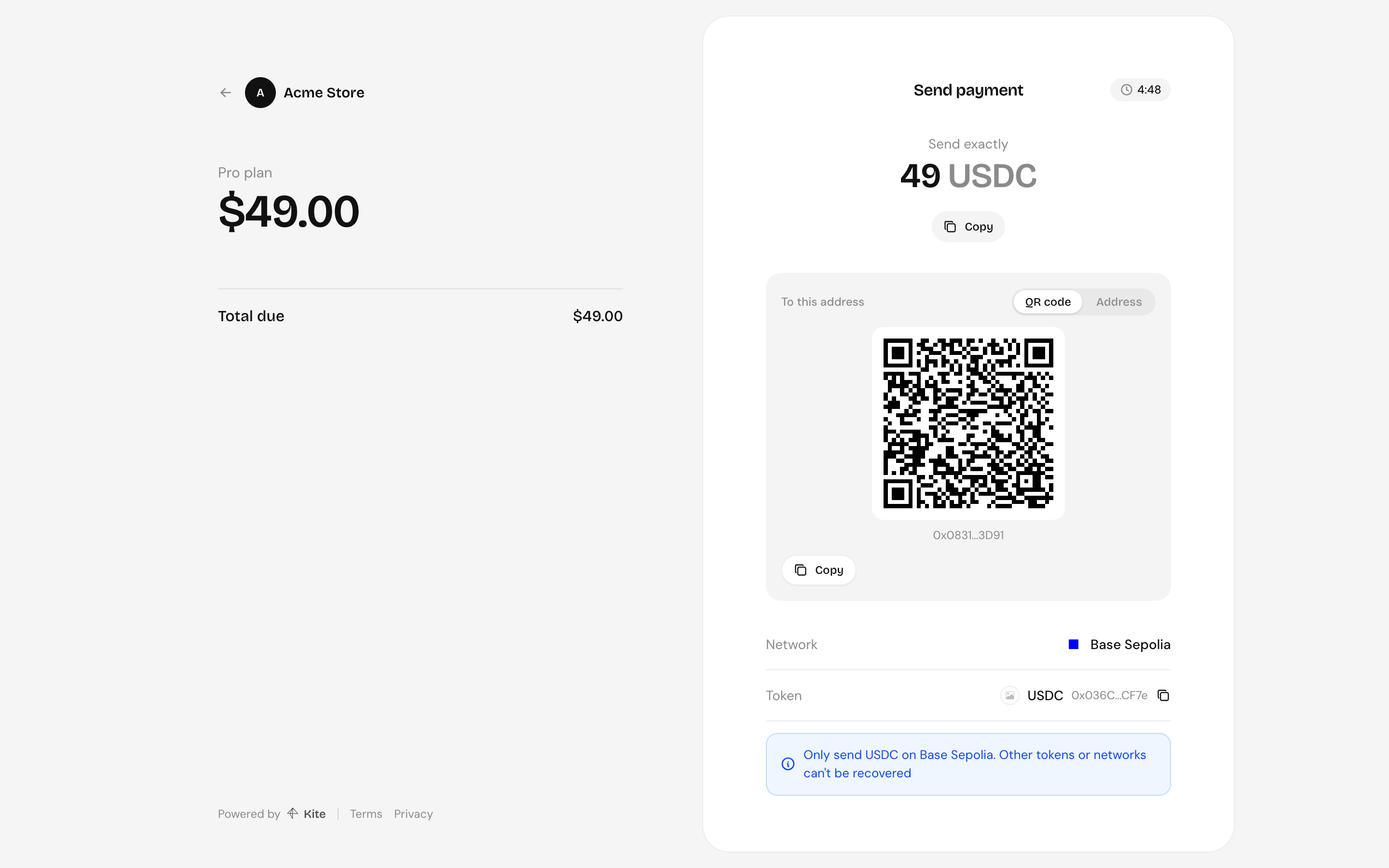 Payment instructions with a QR code for the address