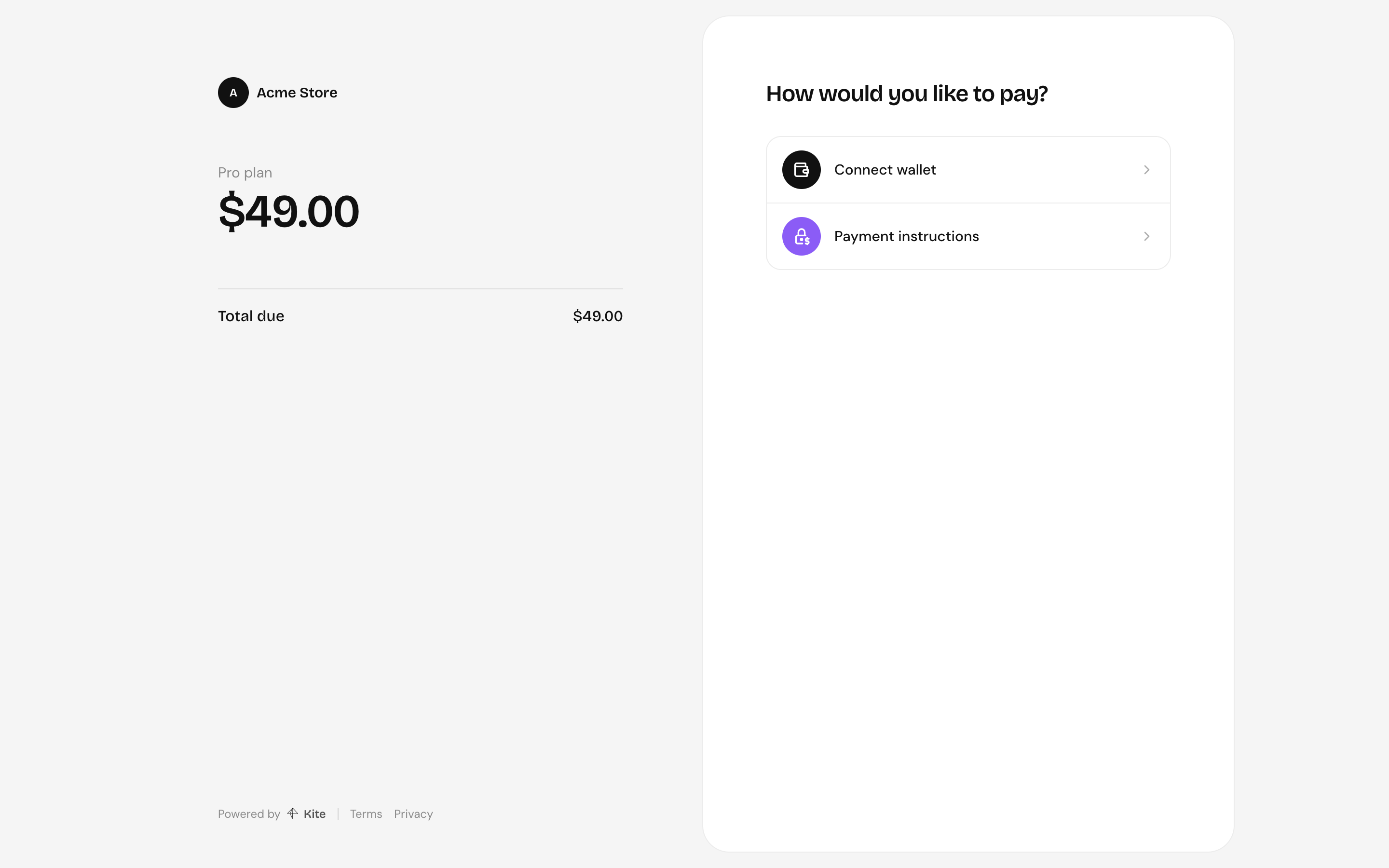The checkout for a $49 Pro plan, asking how the customer would like to pay