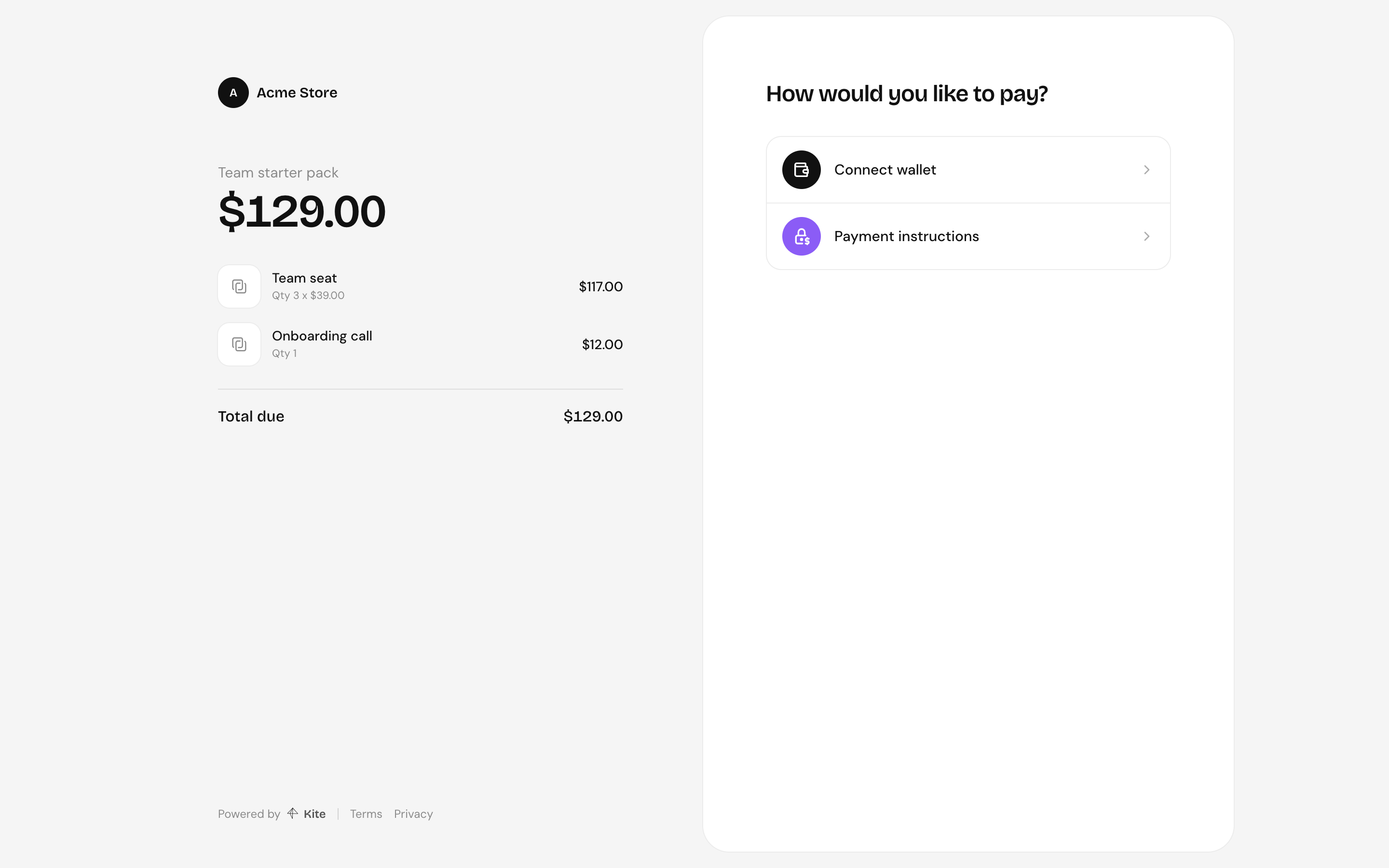 Checkout for the Team starter pack: line items and total on the left, payment options on the right