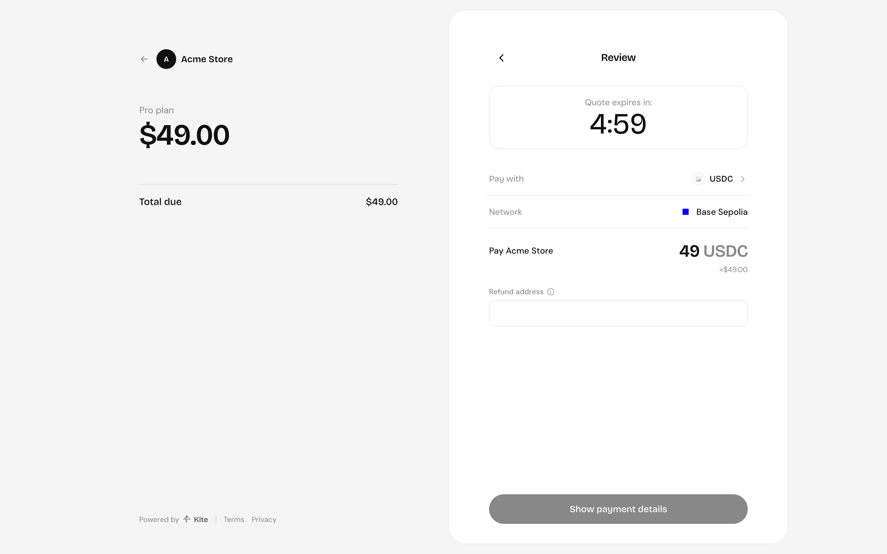 The review step: quote countdown, token, network, amount and refund address