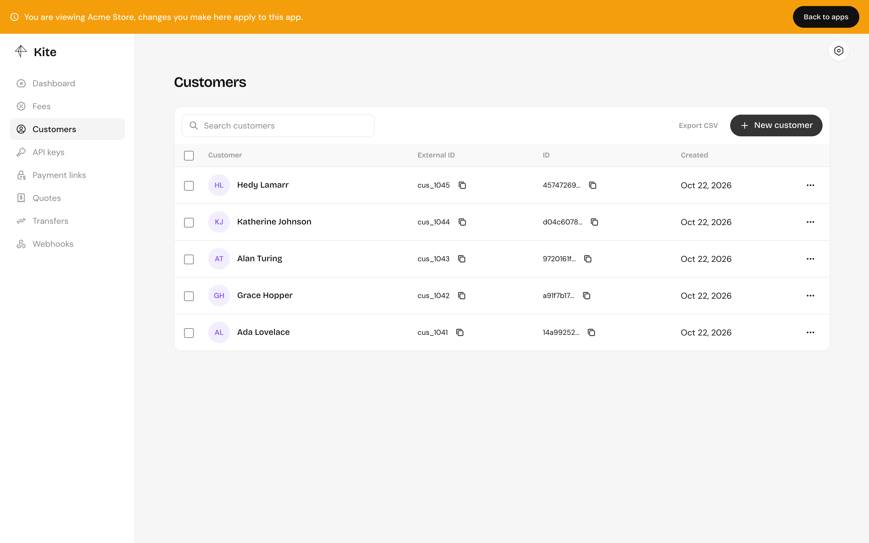 The Customers page, with each customer's external ID, name and traits