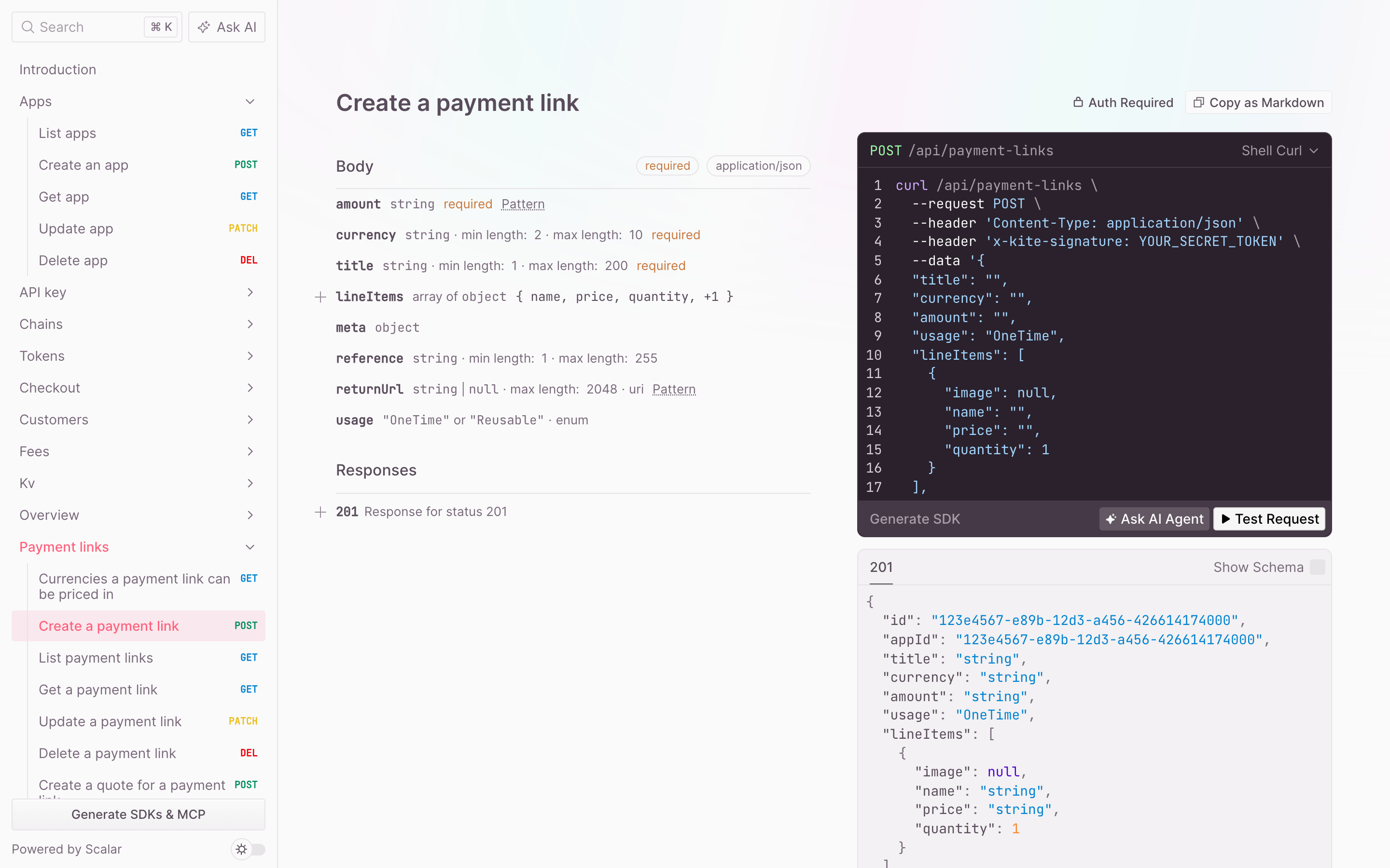 Create a payment link in the reference: its body fields, a curl example and the response