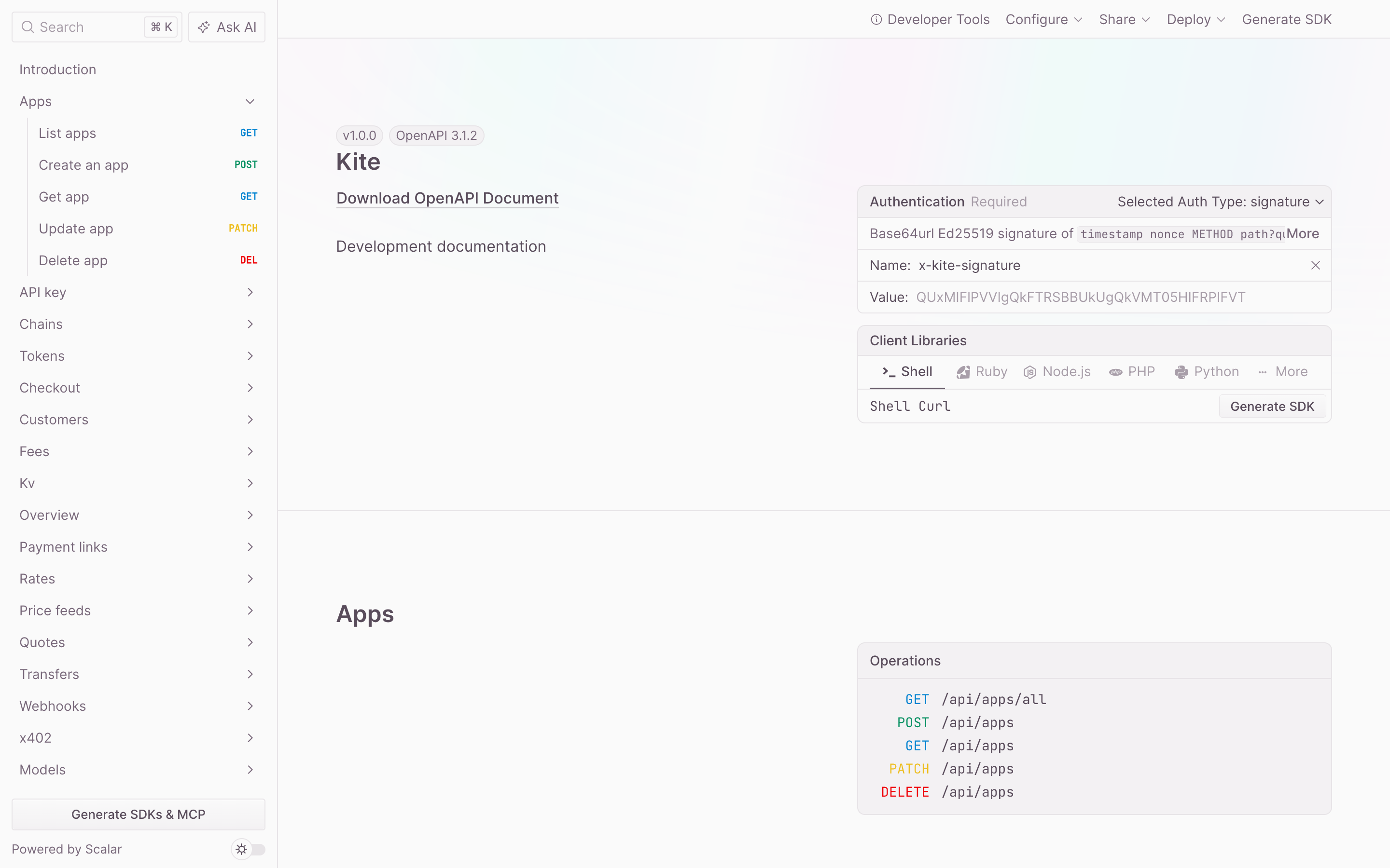 The API reference served by a Kite server at /openapi