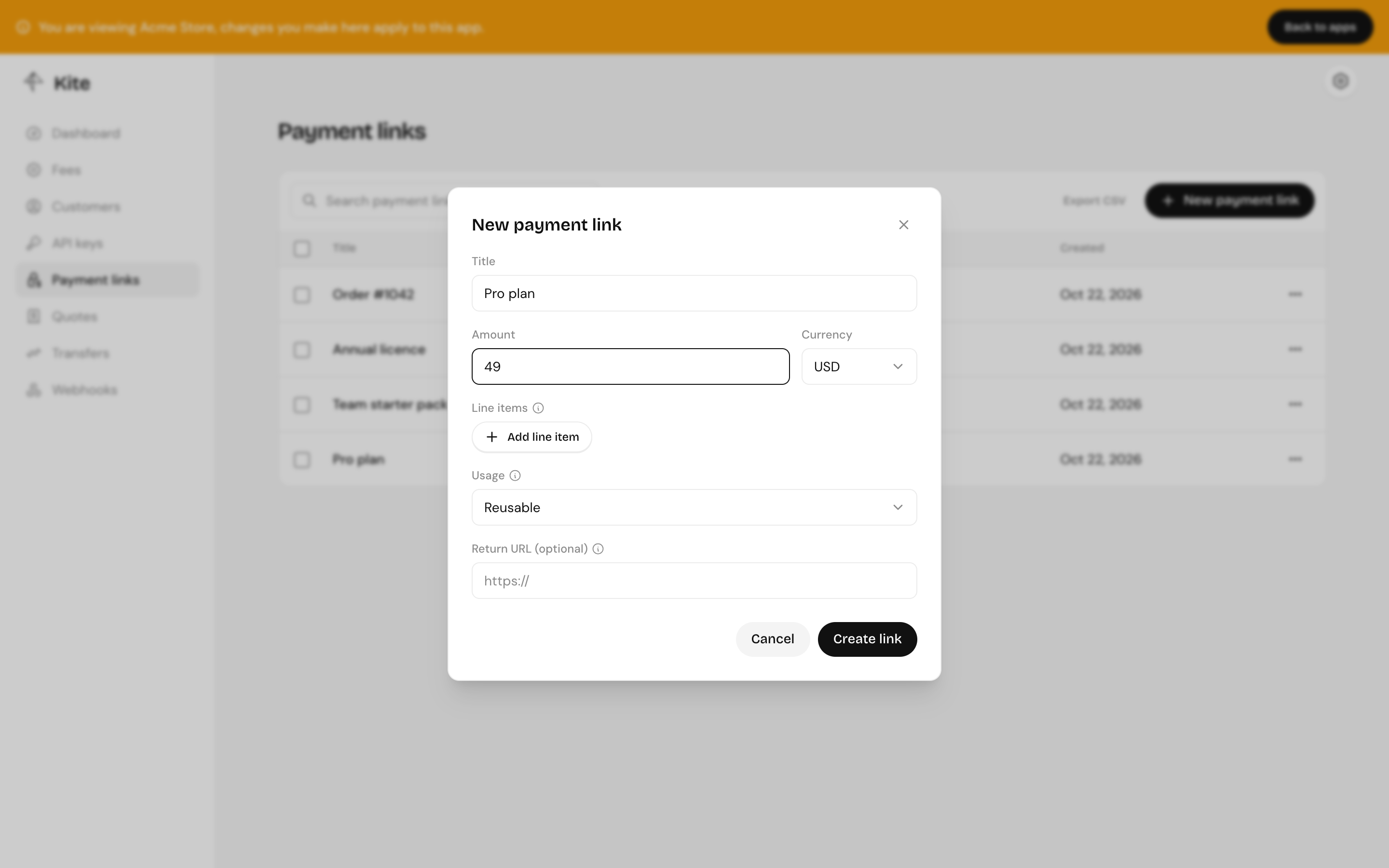 Creating a payment link: title, currency, amount and optional line items