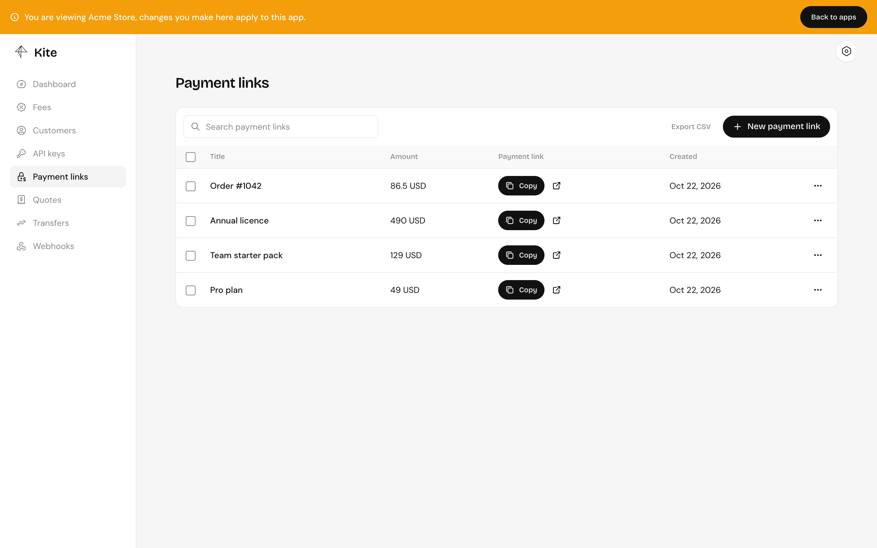 The Payment links page