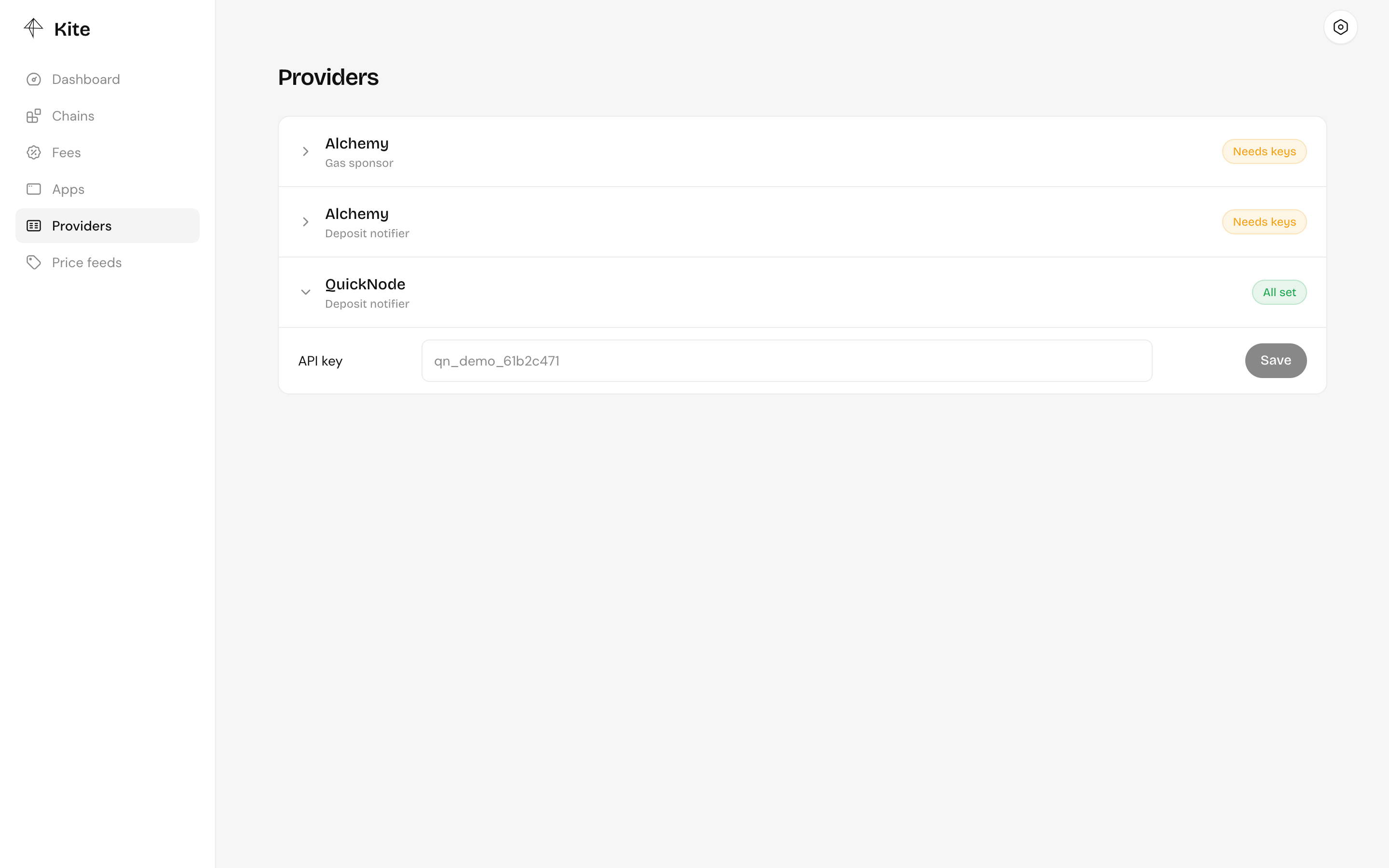 QuickNode's provider entry expanded, with its API key field