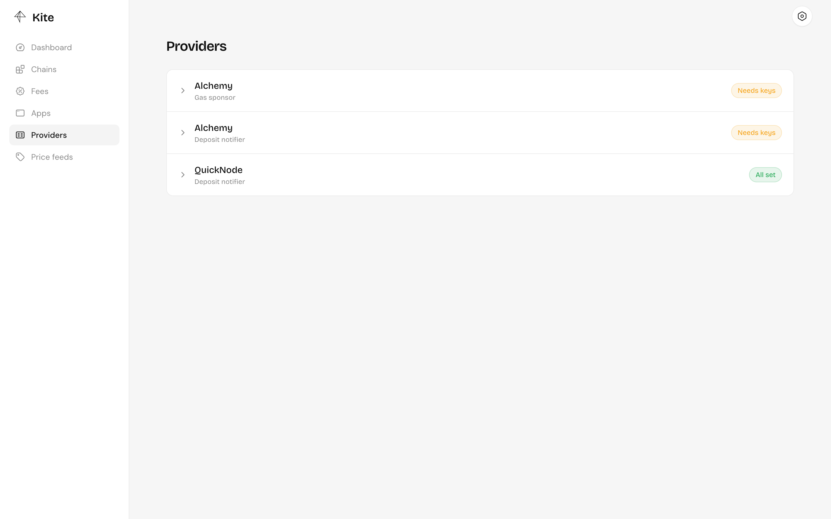 The Providers page: Alchemy as gas sponsor and deposit notifier, and QuickNode as deposit notifier