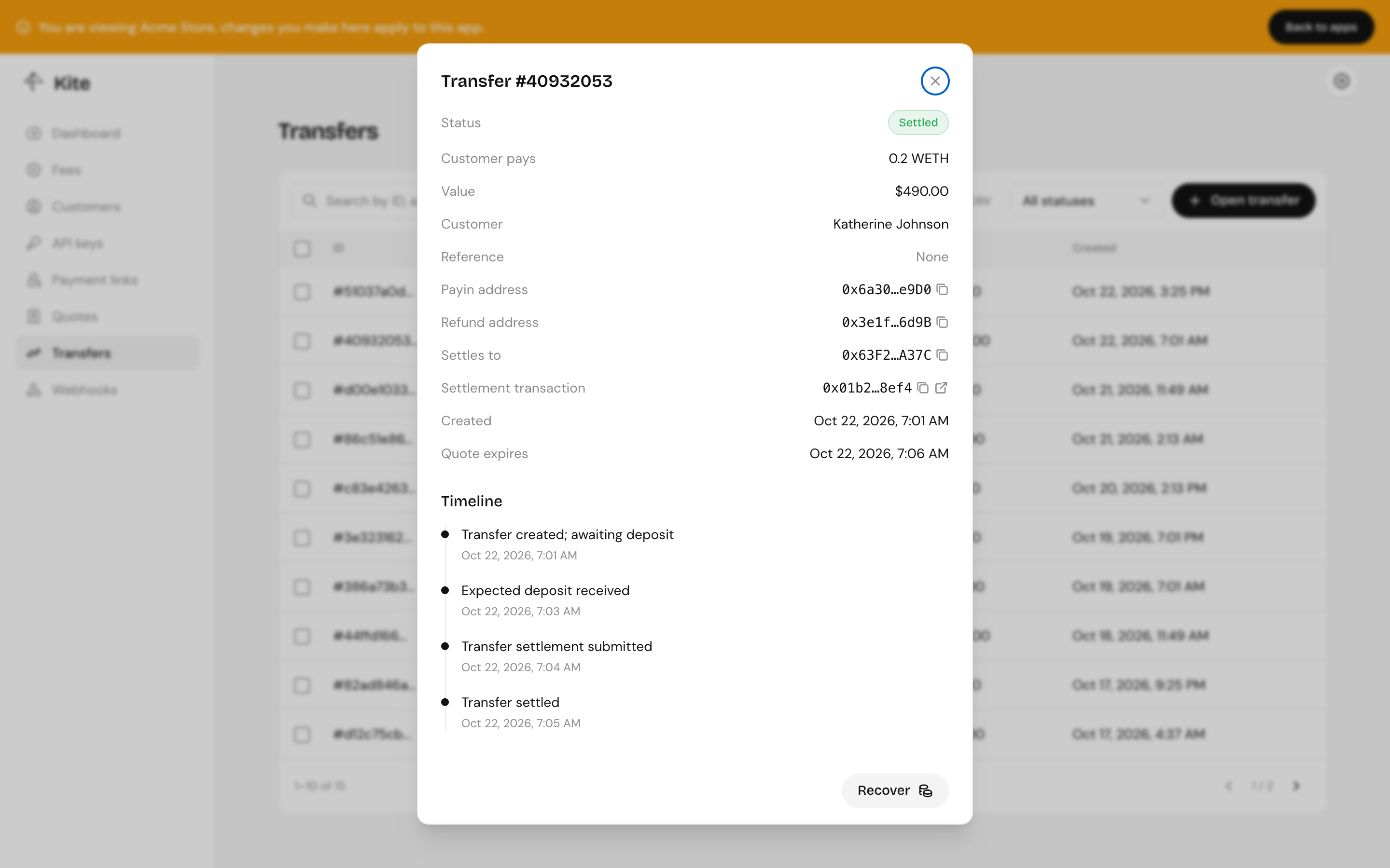 A settled transfer: amounts, customer, addresses, the settlement transaction and its timeline