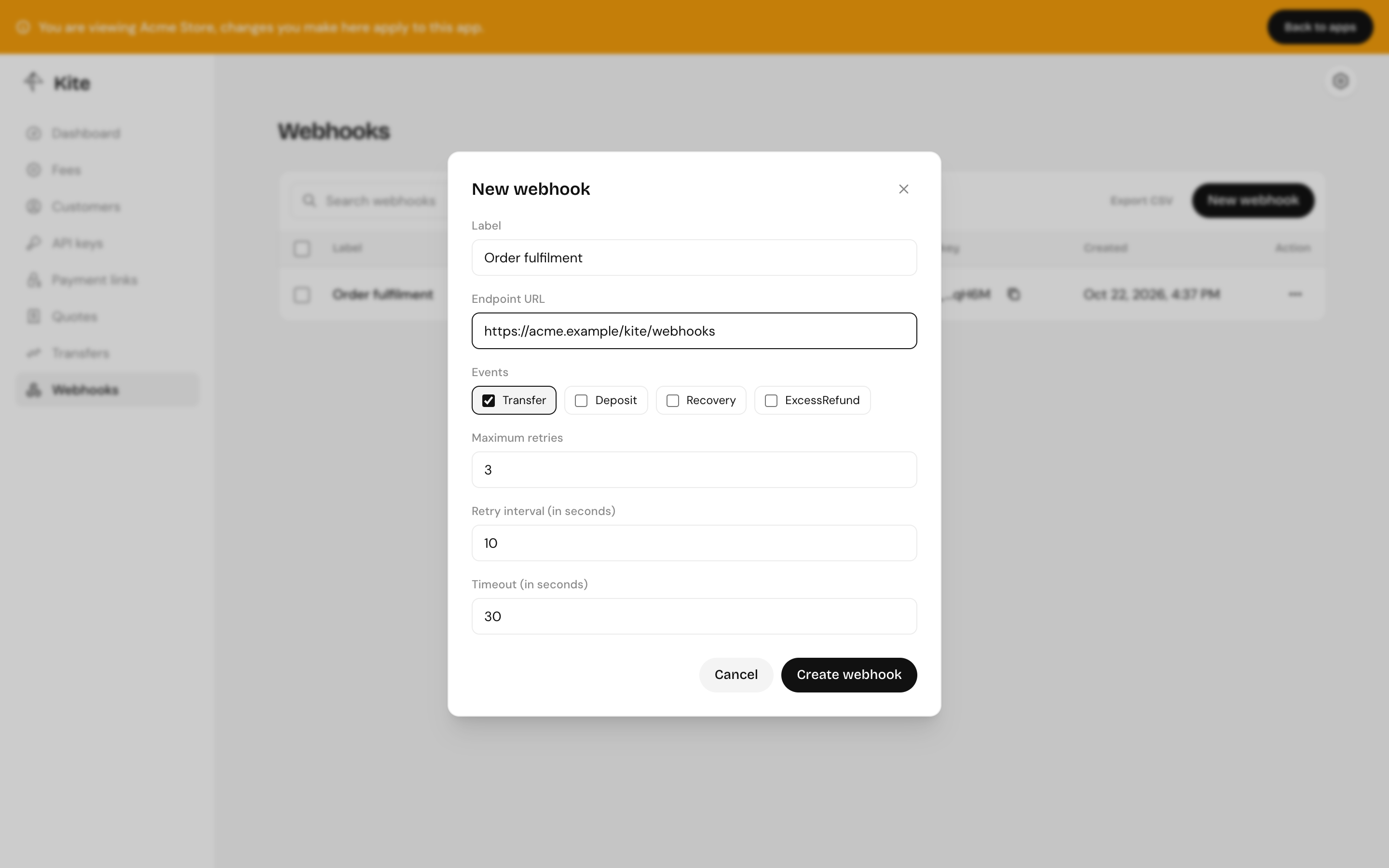 Adding a webhook: label, endpoint URL, events and retries