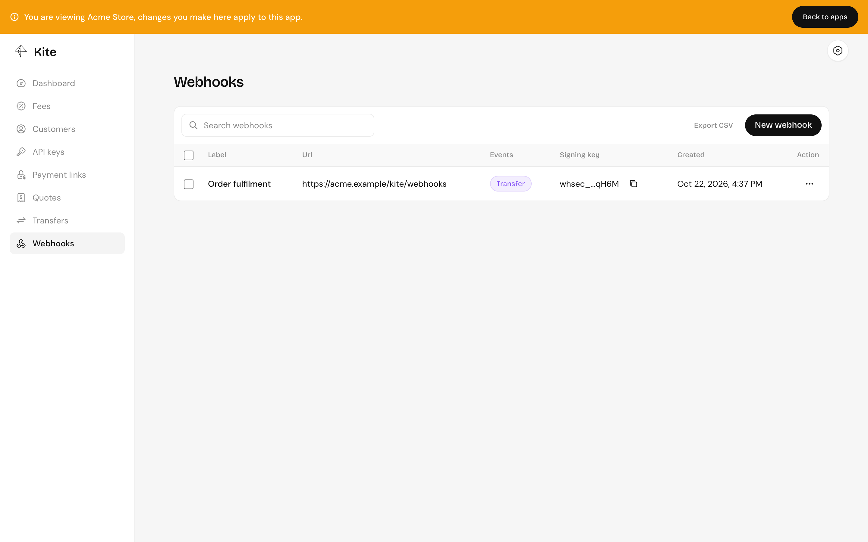 The Webhooks page, with each webhook's events and deliveries